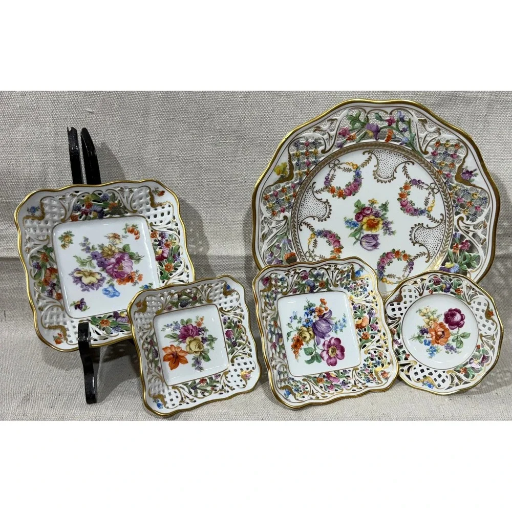 Schumann Arzberg Dresden Flowers Reticulated Porcelain Plate Bowl Set 5pc Gold
